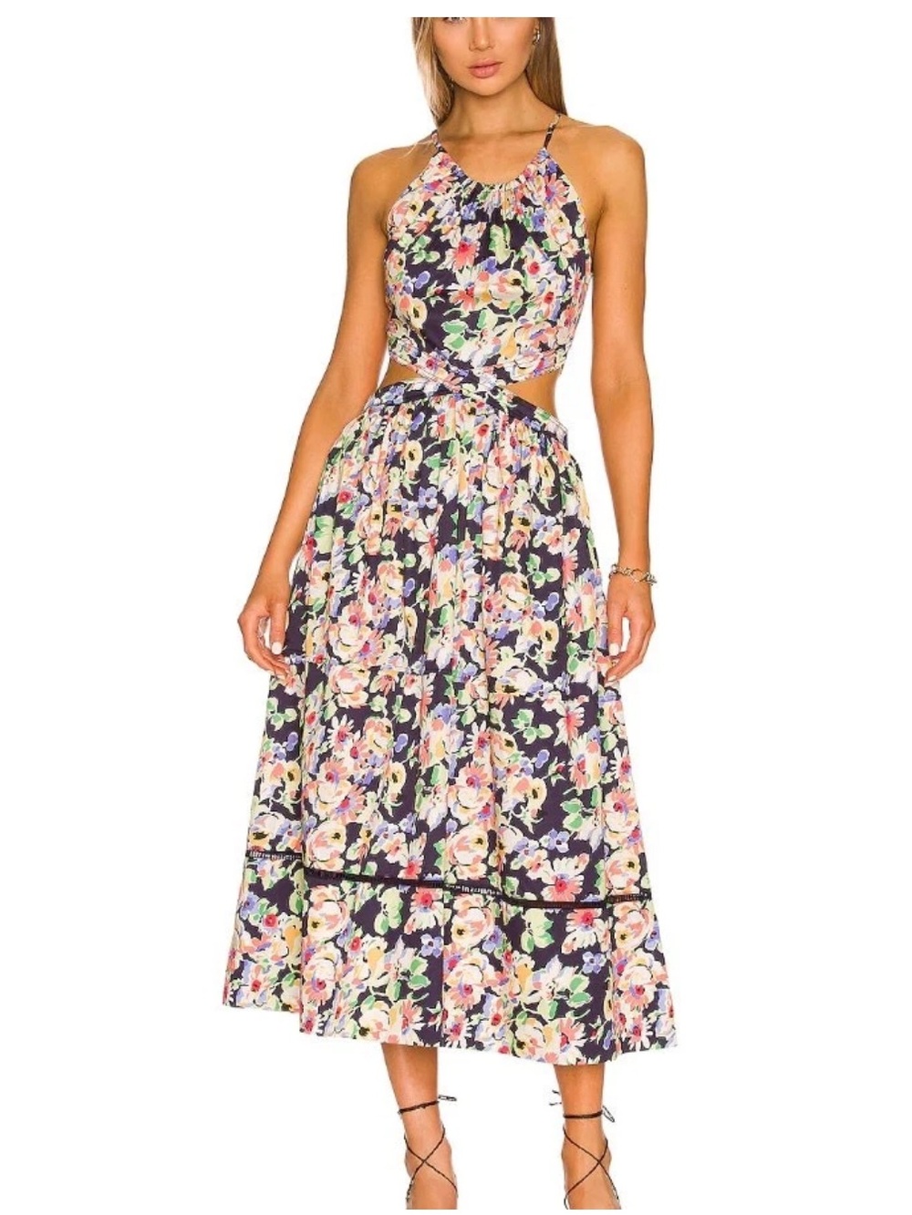Something Navy Floral Cut-Out Midi Dress with pockets | size Medium | EUC